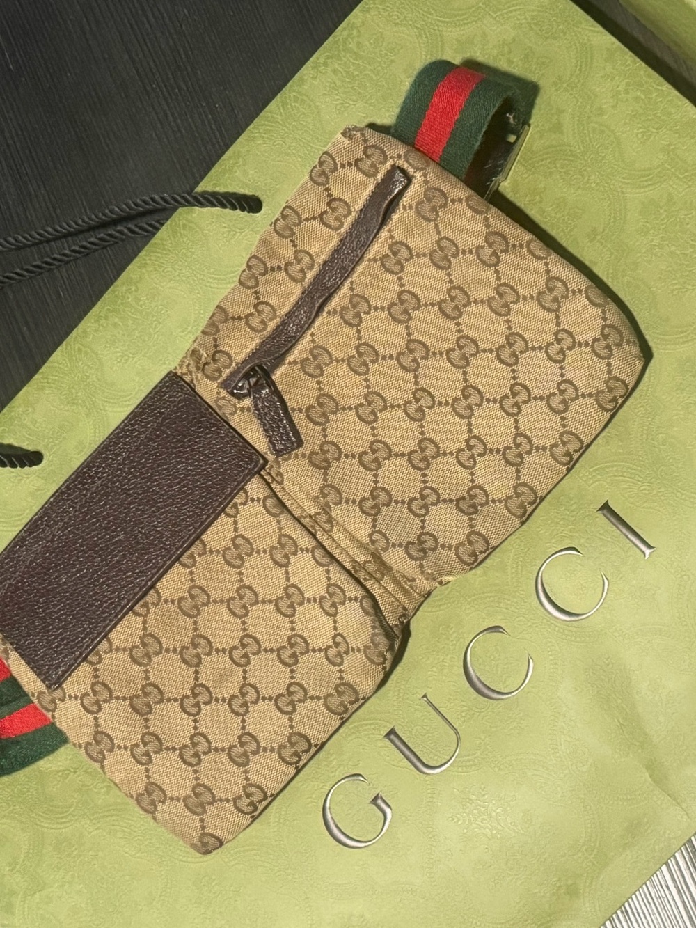 Gucci GG Canvas Double Pocket Waist Belt Bag Brown & Green